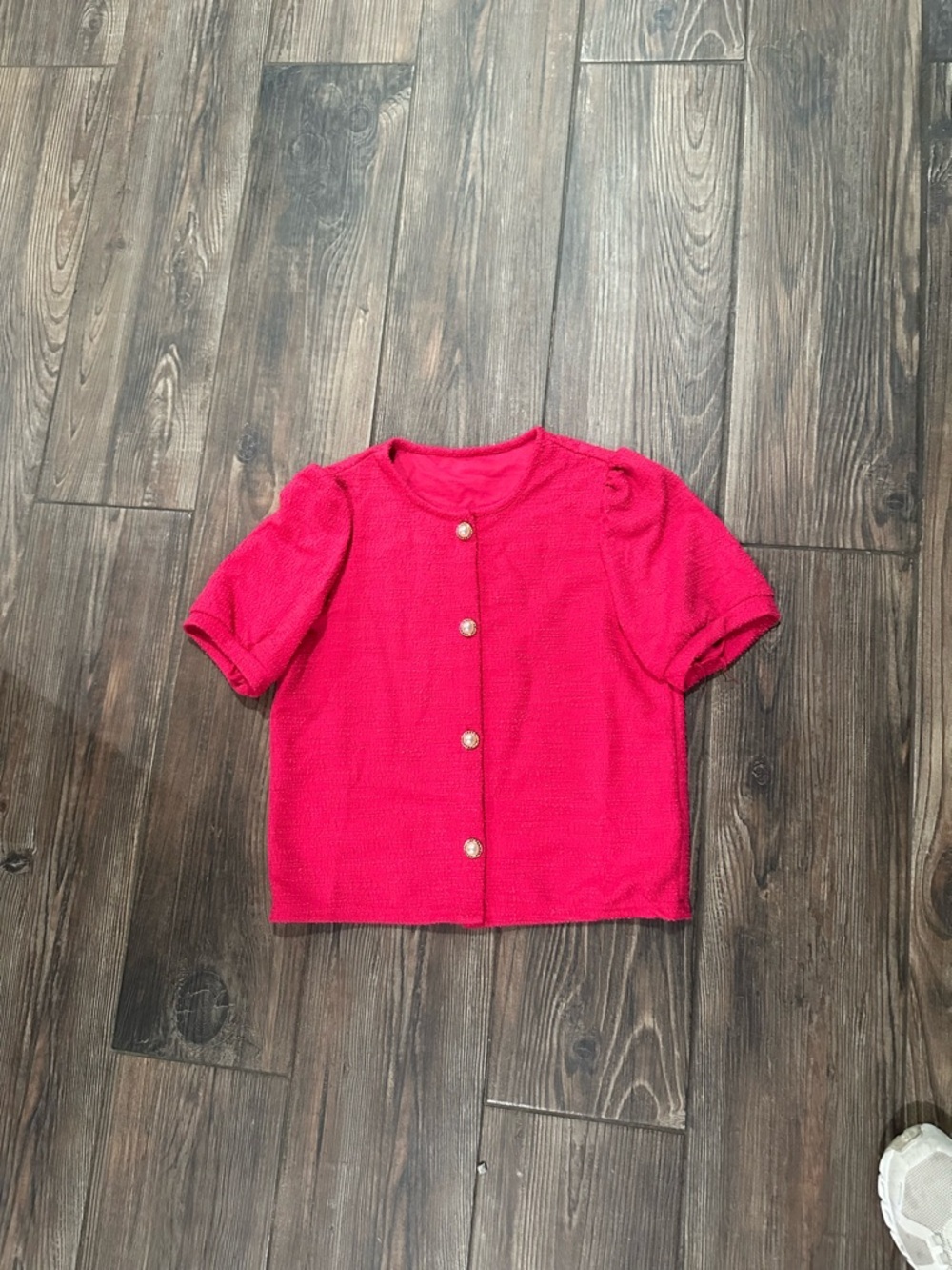 Pearl-Button Textured Puff Short Sleeve Blouse in Rose Pink - Picture 3 of 8